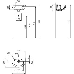 Technische Zeichnung: Ideal Standard Eurovit Handwaschbecken, 35 cm, 1 Hahnloch, Überlauf, Maße.