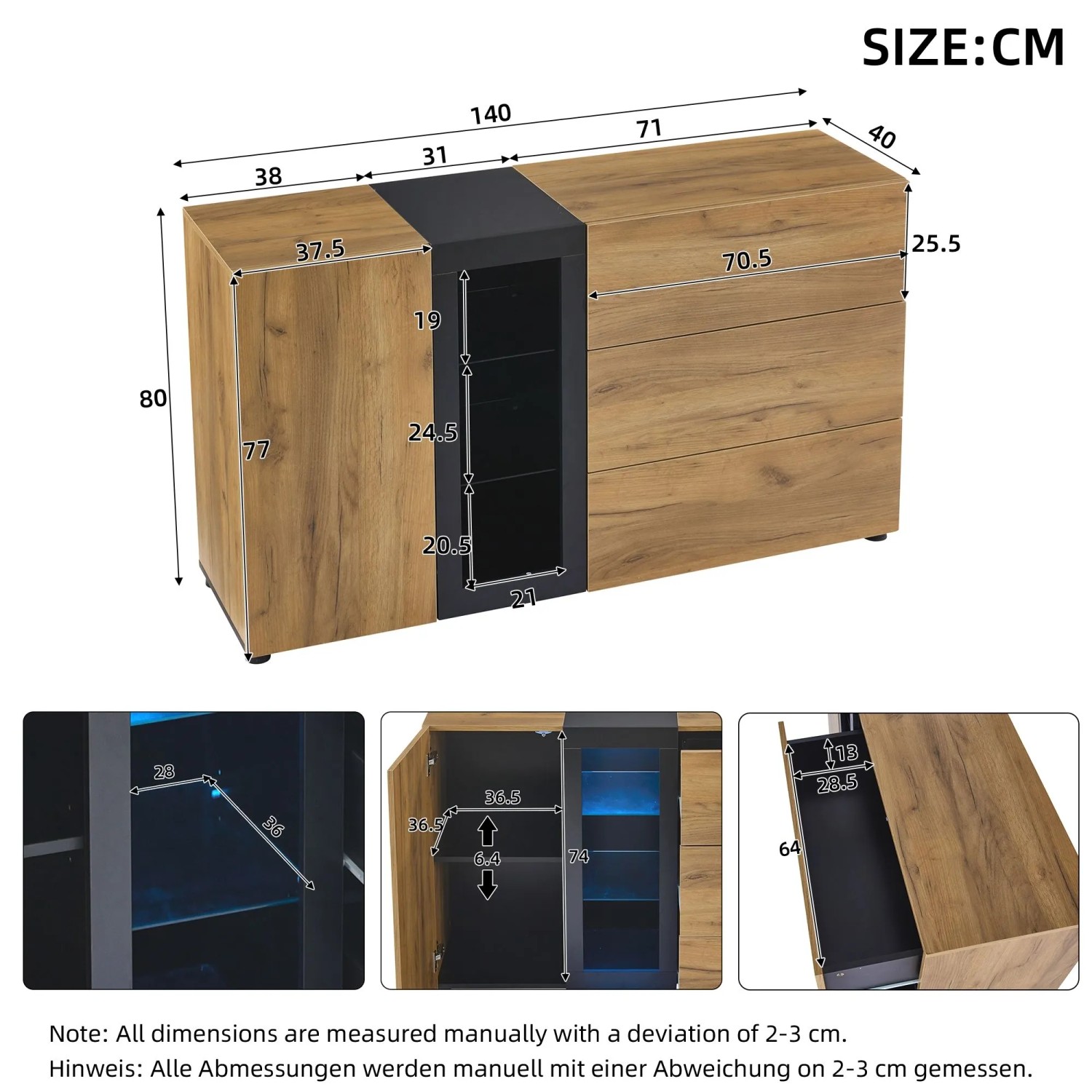 okwish Sideboard mit 3 Schubladen Glas Stauraum Wohnzimmer 140x40x80 cm Natur_5