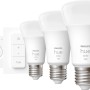 Philips Hue Starter-Set mit 3 E27 Leuchtmitteln, Dimmschalter und Bridge für smarte Beleuchtung.