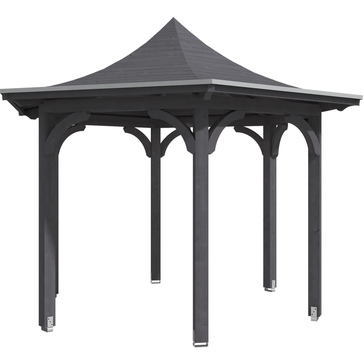 Skan Holz Pavillon Versailles, schiefergrau, Leimholz, 418x360 cm. Gartenlaube mit Dach.