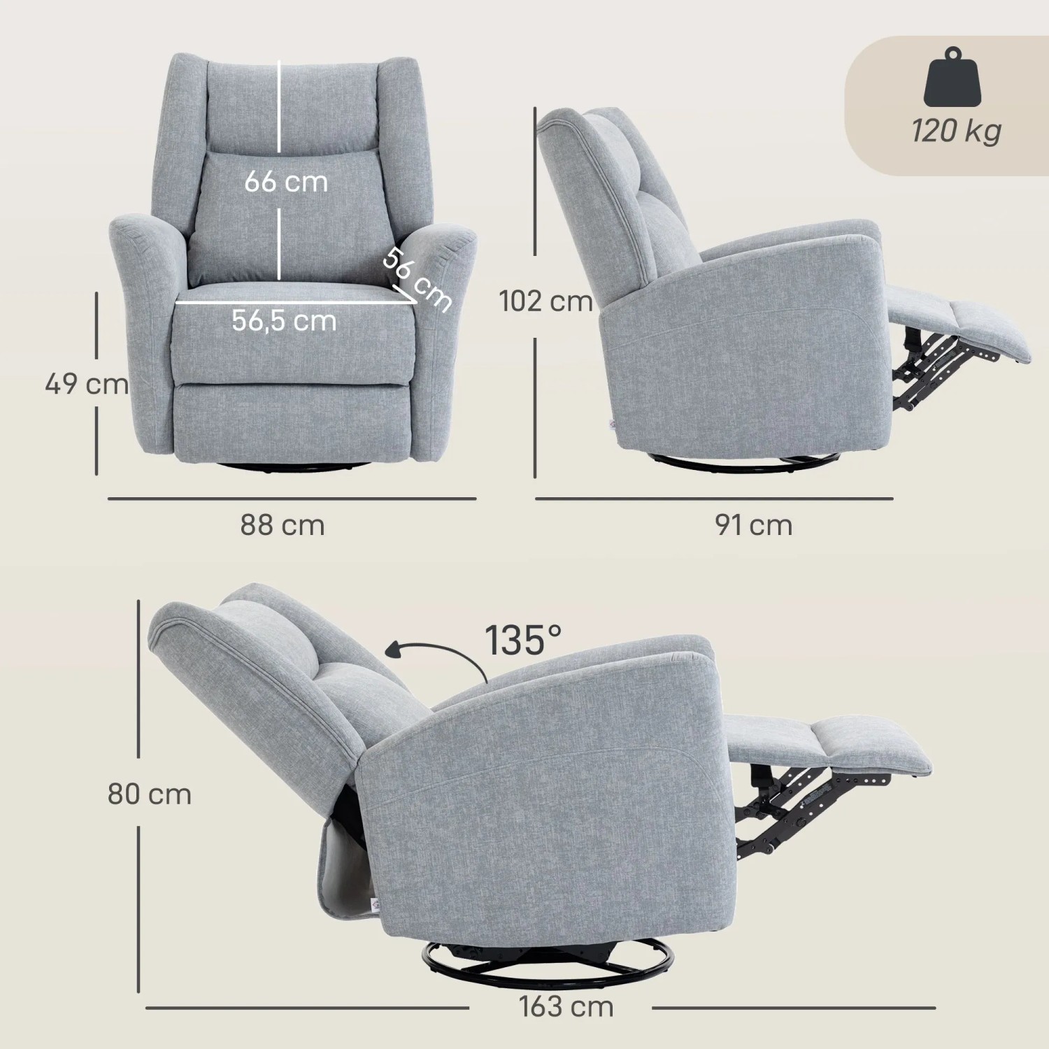 Hellgrauer HOMCOM Relaxsessel aus Polyester. Zeigt 3 Ansichten mit Maßen, 135° Liegefunktion, 360° Drehung, 120 kg.