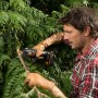 Mann schneidet Ast mit Worx Astschere WG330E.9. Akku-Astschere für Gartenarbeit.