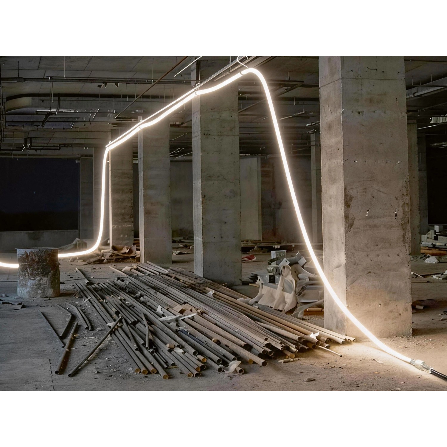 Kabeltrommel mit 25 m Lichtband im Rohbau, leuchtend weiß.