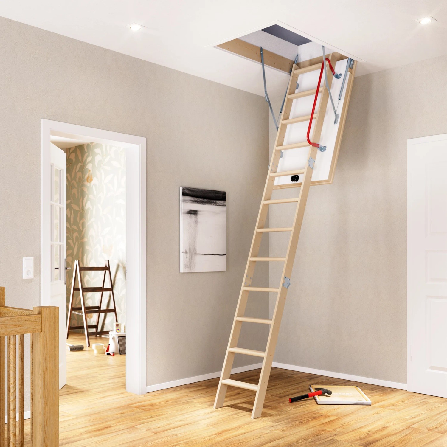 Dolle Bodentreppe Isotrend, 3-teilig, 120x60 cm, mit Handlauf, aus Fichte, im geöffneten Zustand.