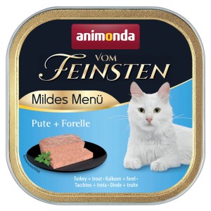 Animonda Katzen-Nassfutter mit Pute und Forelle im Napf, servierfertig für die Katze.