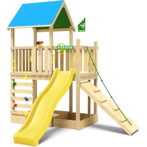 Jungle Gym Spielturm Wonder mit gelber Rutsche, Kletterrampe und blauem Dach.