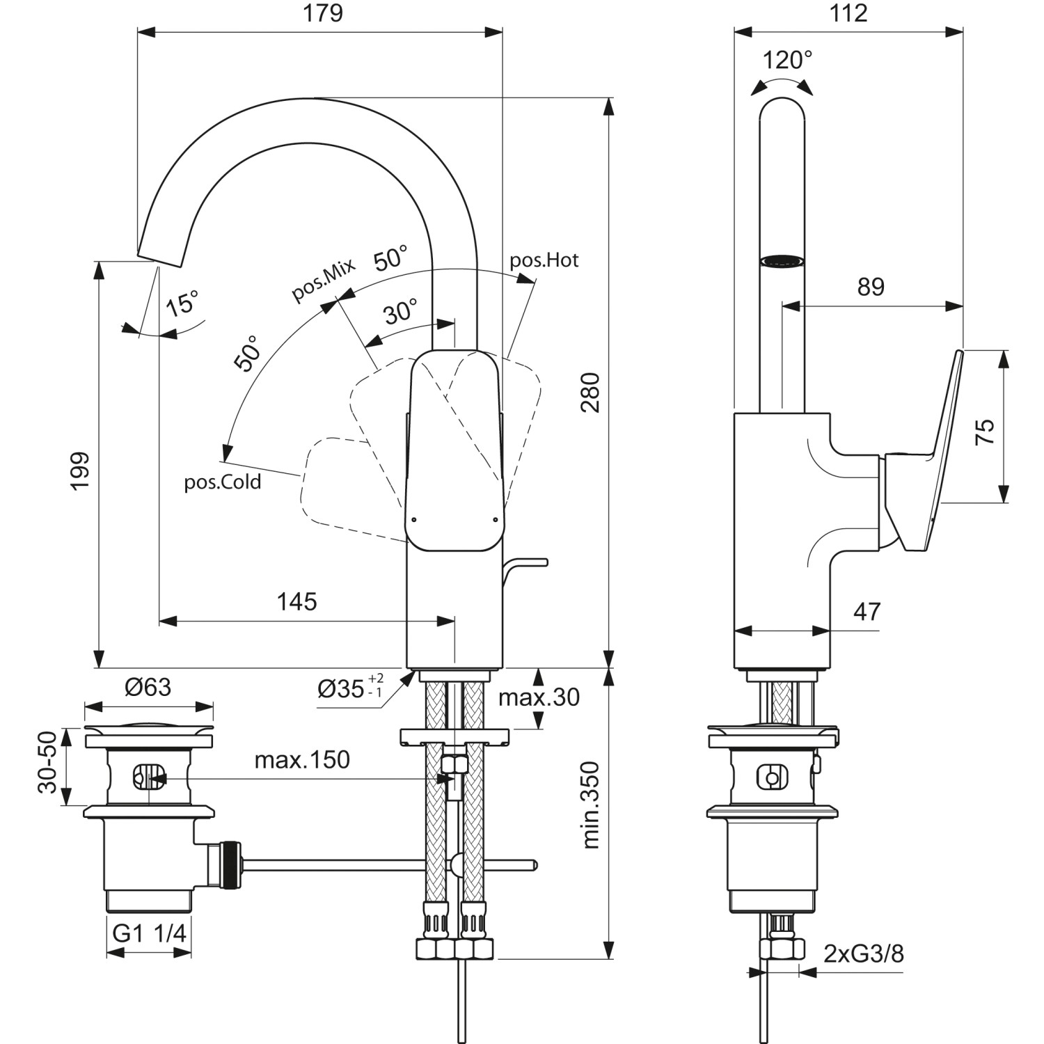 Technische Zeichnung: Ideal Standard Ceraplan Waschtischarmatur Chrom H200 mit Maßen.