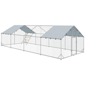 Großer PawHut Hühnerstall aus verzinktem Stahl mit Drahtgitter und grauem Dach. Geräumiges Freilaufgehege für Hühner im Garten.