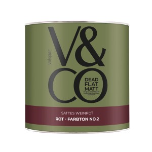 Dose V&CO Premium Innenfarbe Dead Flat Matt Rot Farbton 2, sattes Weinrot, 2,5l.