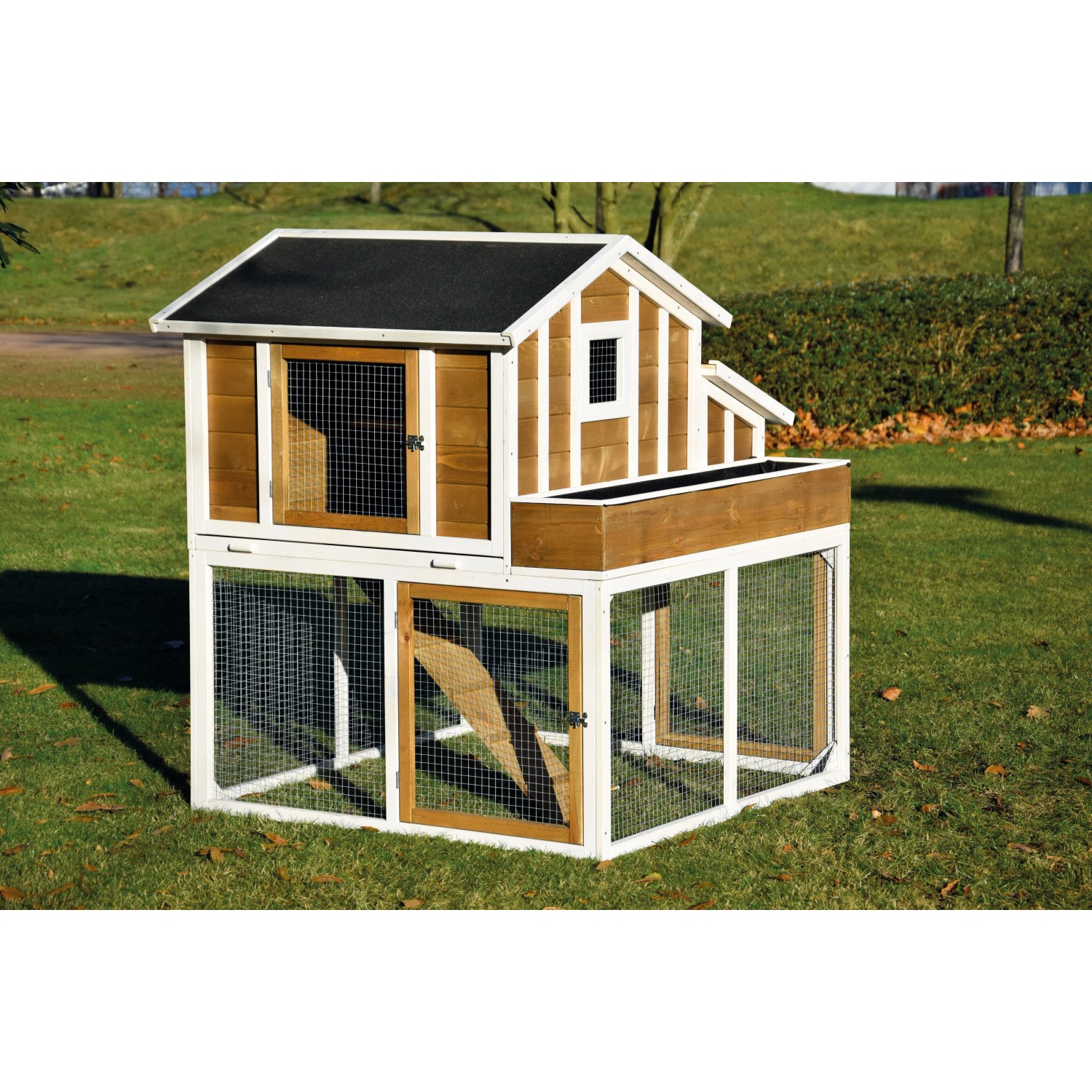 XL Hühnerstall mit Freigehege und Blumenkasten, aus Holz, für Hühner oder Kleintiere.