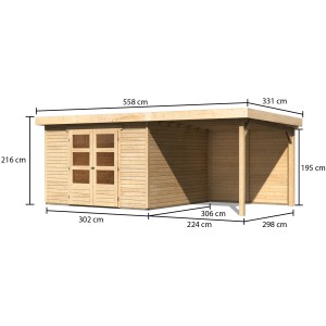 Karibu Holz-Gartenhaus Boras mit Flachdach und Anbau, unbehandelt, mit Maßangaben.