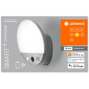 LEDVANCE Smart+ Außenwandleuchte mit Kamera, dunkelgrau, runde Form. Smarte Außenleuchte für mehr Sicherheit.