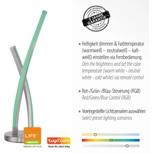 Smarte LED Tischleuchte LOLAsmart-Swing in Stahlfarben, 48,5 cm hoch. Lichtfarbe und Helligkeit einstellbar.