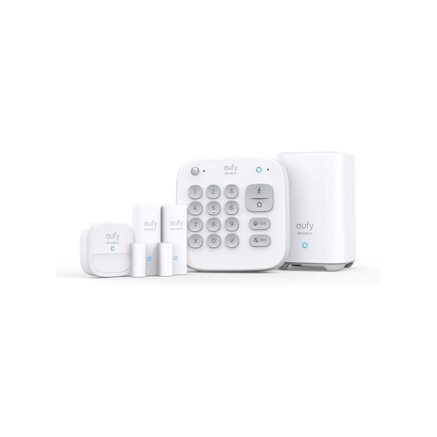 Eufy Alarm-Set, 5-teilig: HomeBase, Tastenfeld, Bewegungssensor, 2 Eingangssensoren für Tür/Fenster.
