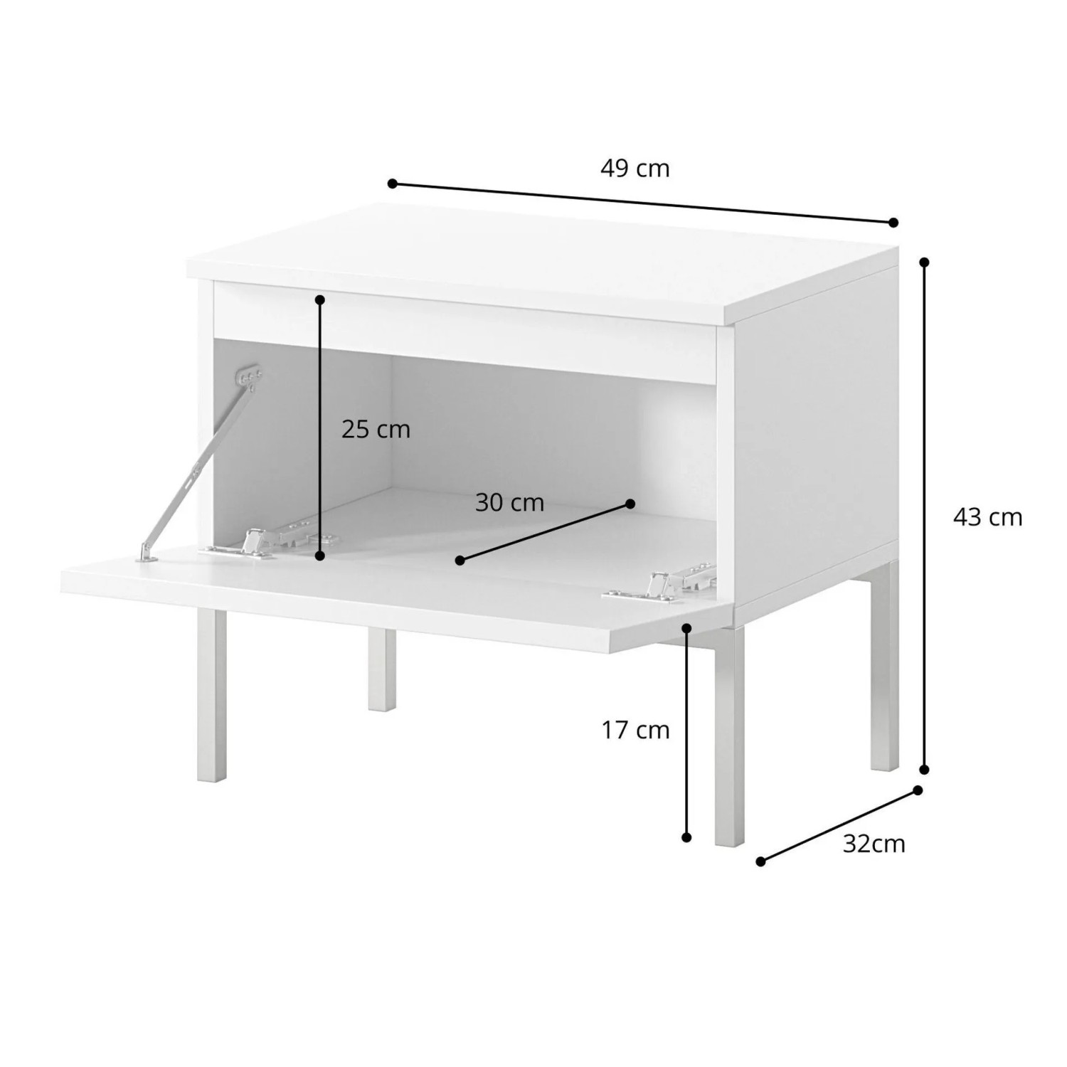 Selsey Nachttisch Bemmi mit offener Front, zeigt Stauraum und Maße. Schlanke Beine, modernes Design, 49 cm breit.