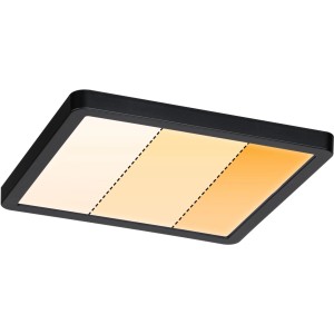 Schwarzes Paulmann LED Einbaupanel Areo VariFit mit Warmdimmfunktion und verschiedenen Farbtemperaturen.