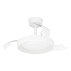 Weißer Eglo LED-Deckenventilator Torreya (Ø 77 cm) mit transparenten Flügeln und integrierter Leuchte.