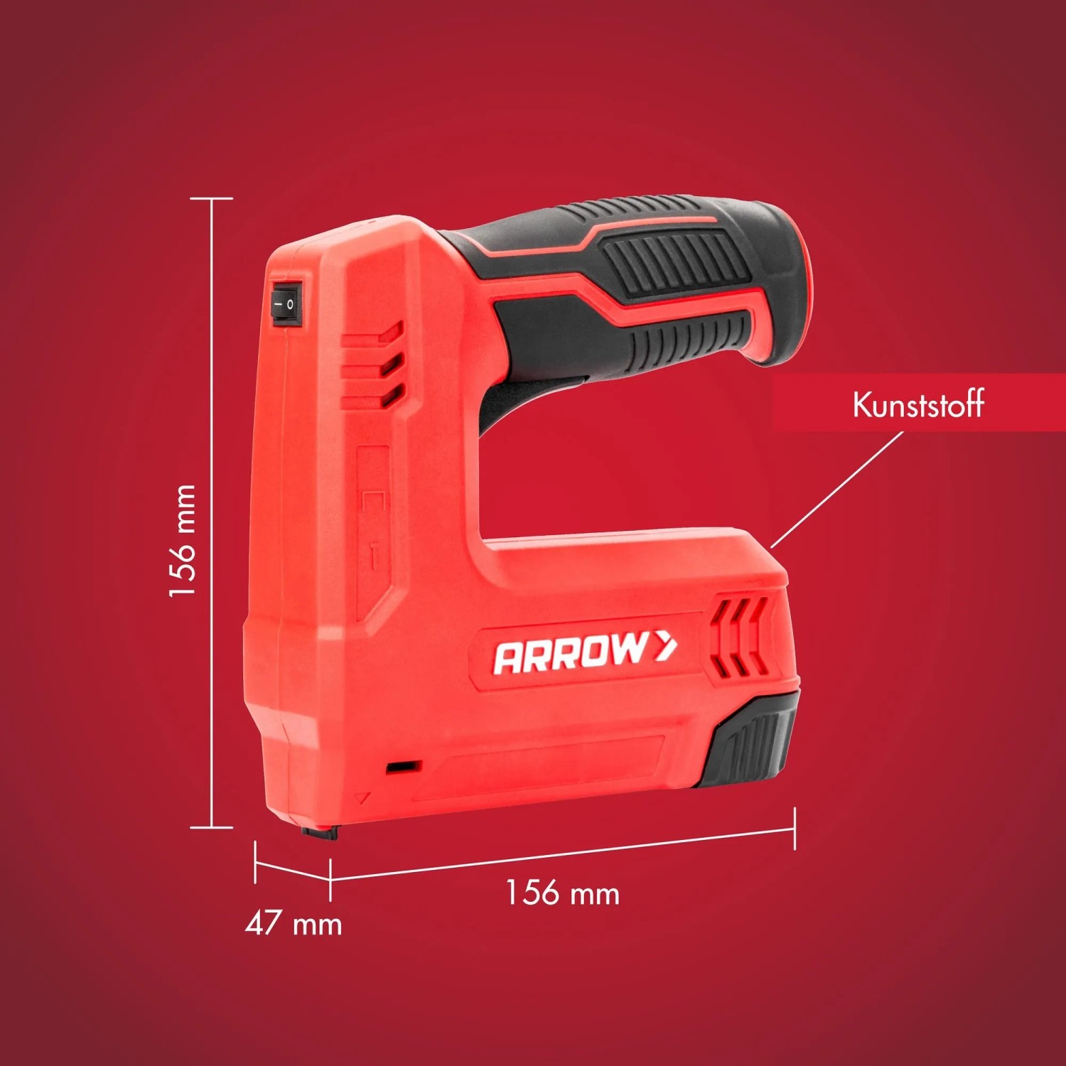 Arrow Akkutacker E21, rot/schwarz, mit Maßangaben. Kompakter Tacker für Klammern und Nägel.
