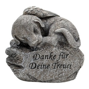 Grabdekoration: Schlafender Hund/Katze mit Flügel auf Stein mit Schriftzug "Danke für Deine Treue".