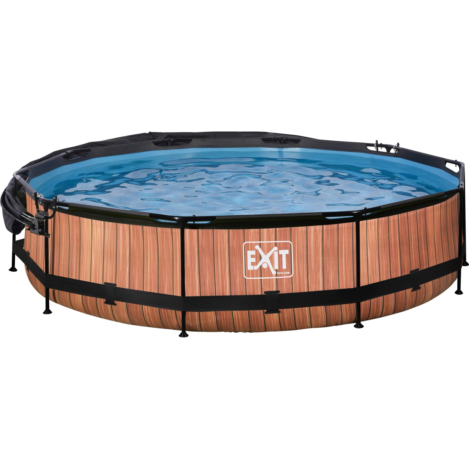 EXIT Wood Pool, braun, Ø 360 cm, mit Filterpumpe und Sonnensegel. Stahlrahmenpool im Holzdesign.