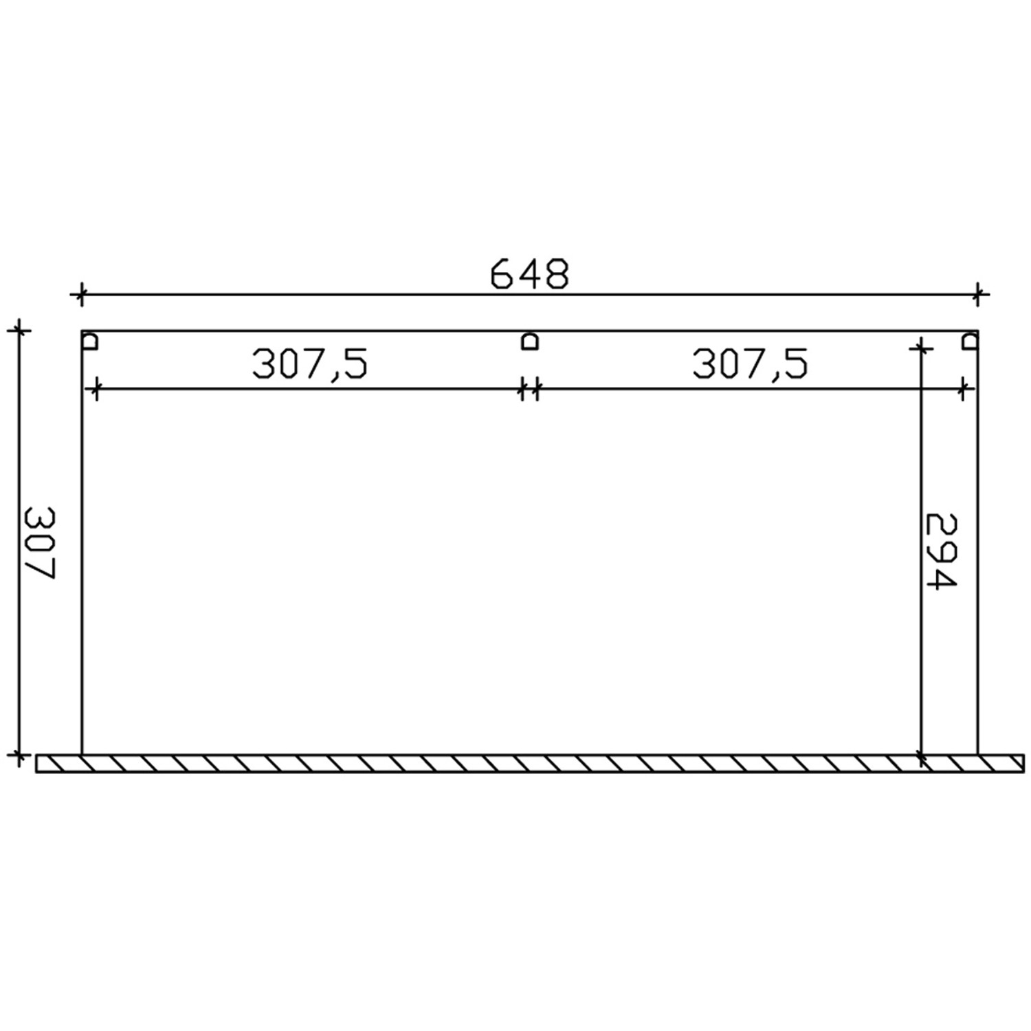 Technische Zeichnung: Terrassenüberdachung Garda, 648x307 cm, Aluminium, weiß. Maße und Details.