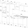 Skizze der Respekta Küchenzeile 370 cm in Schwarz/Eiche York ohne E-Geräte mit Maßangaben.