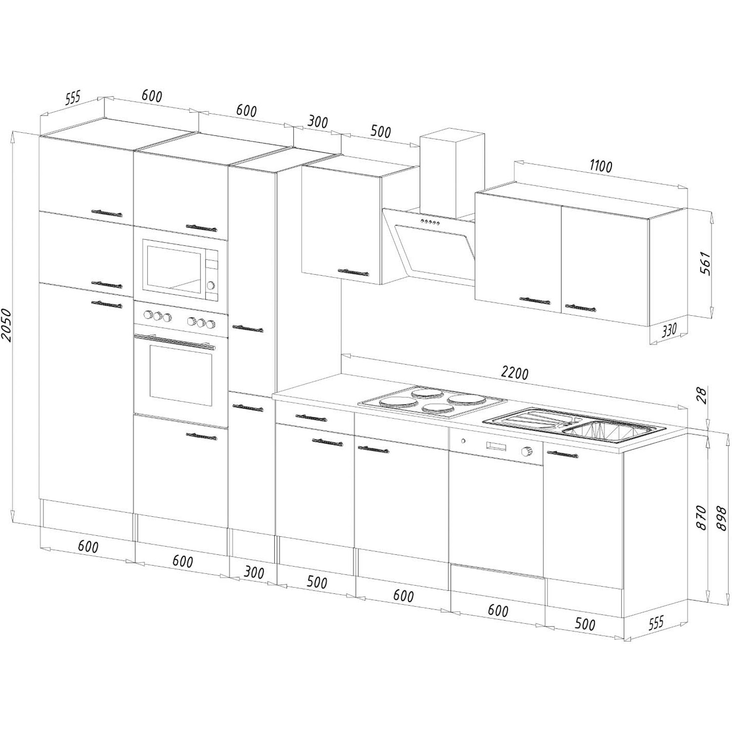 Skizze der Respekta Küchenzeile 370 cm in Schwarz/Eiche York ohne E-Geräte mit Maßangaben.