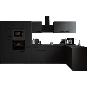 Moderne Respekta Winkelküche Oliver 370 cm in Grau Matt mit Elektrogeräten und Spüle.