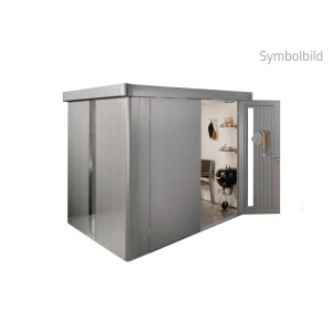 Biohort Metall-Gerätehaus Neo Quarzgrau-Metallic, offene Standardtür zeigt Innenraum mit Grill, Regalen. Geräteschuppen für Garten.
