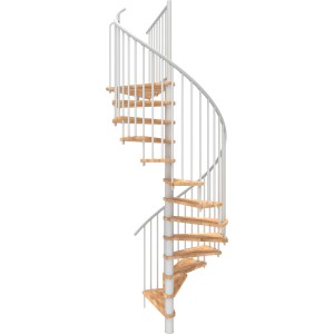 Weiße Minka Spindeltreppe Spiral Smart aus Buche, Durchmesser 120 cm, für Geschosshöhen bis 305,5 cm.