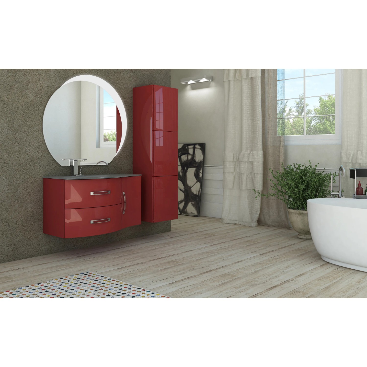 LED-Spiegel Best Mond Sichel im Badezimmer-Set mit Unterschrank und Hochschrank.
