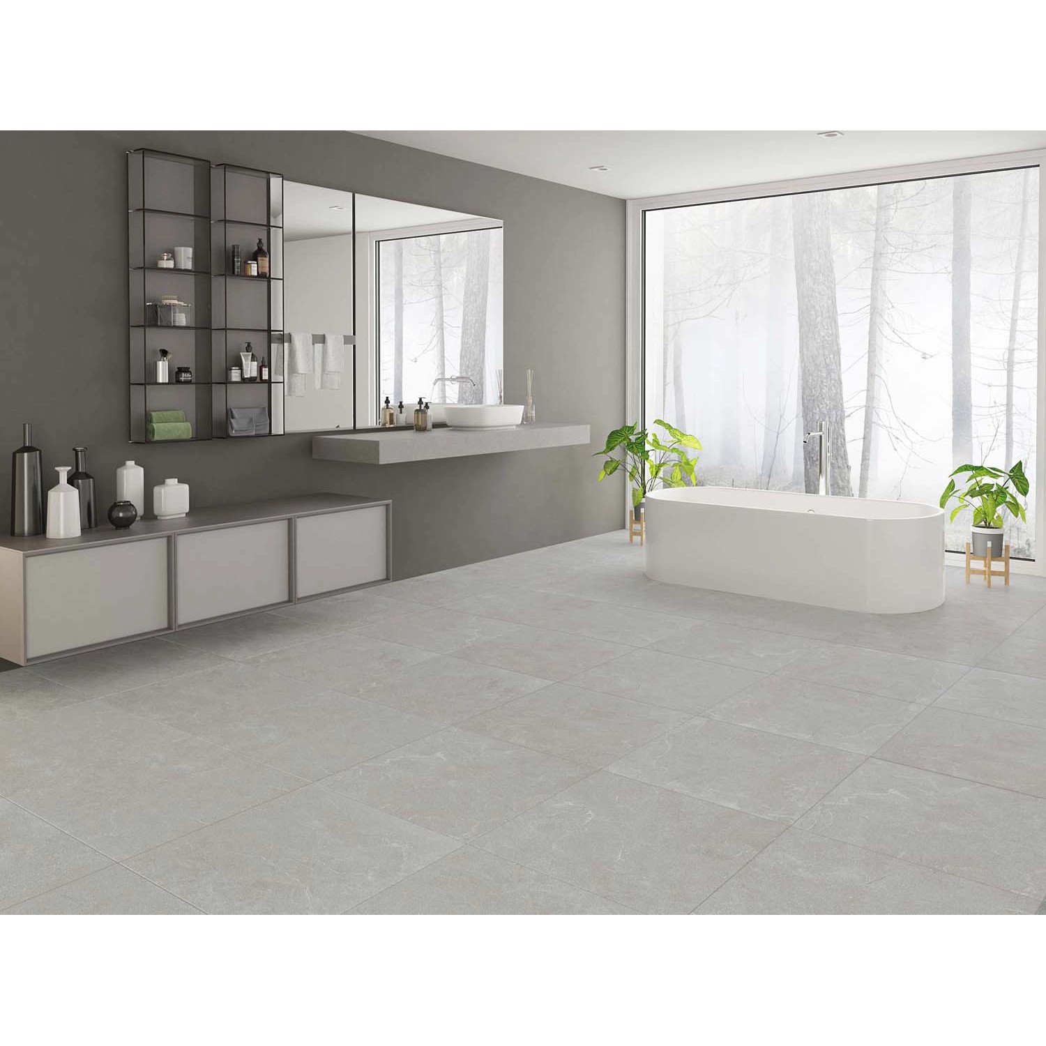 Badezimmer mit grauen, matten 60x60 Feinsteinzeug Bodenfliesen in Steinoptik.