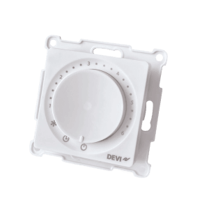 DEVI Timer-Thermostat DEVIreg Basic in Polarweiß mit Drehregler zur präzisen Temperaturregelung von Fußbodenheizungen.