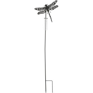 Schwarzer Gartenstecker mit Regenmesser im Libellen Design von Mica Decorations, 118cm hoch.