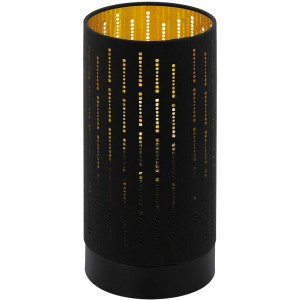 Schwarze Eglo Tischleuchte Varillas mit goldenem Innenleben und Lochmuster, 25,5 cm hoch.