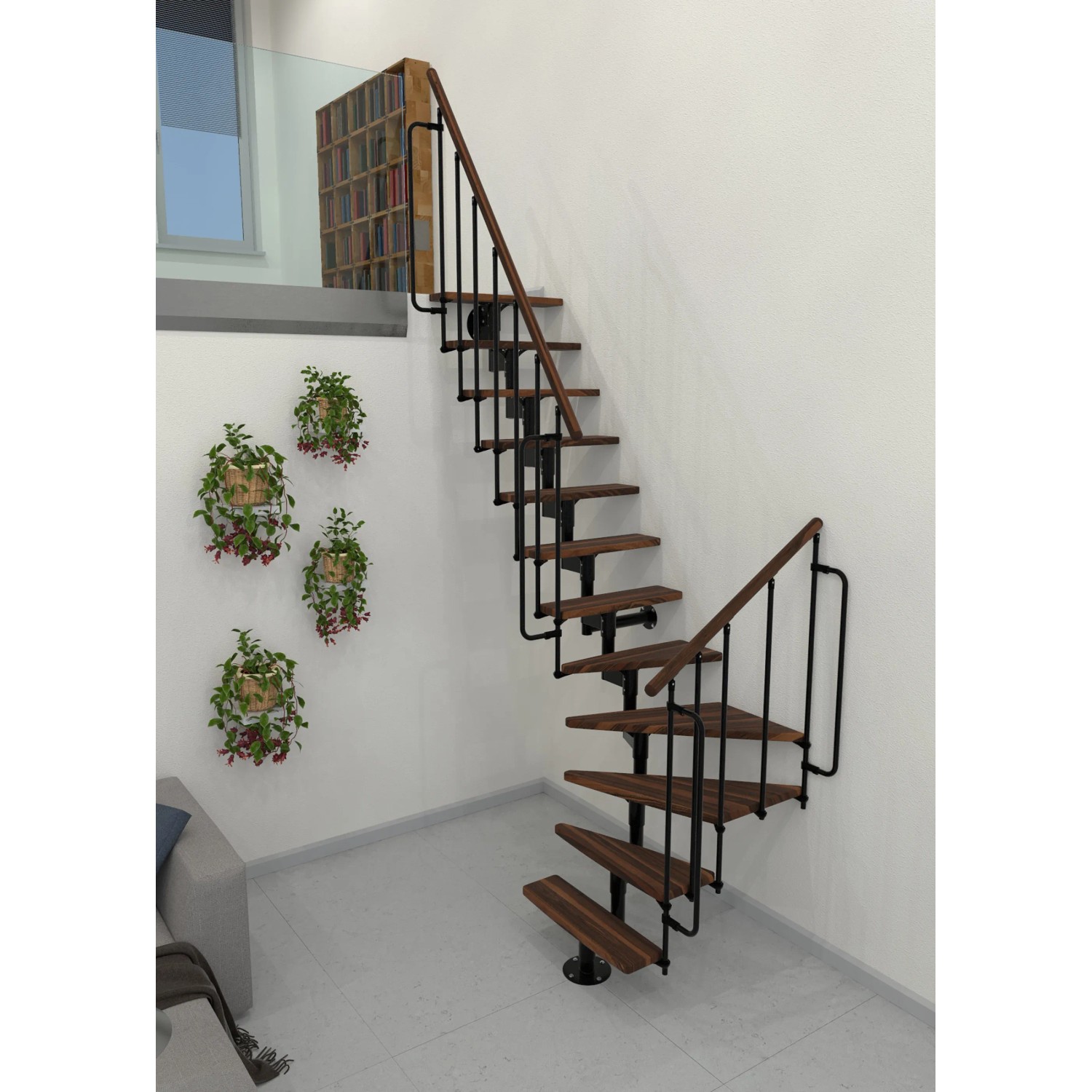 Minka Raumspartreppe Joker Turn, Walnuss/Schwarz, Innentreppe mit gewendelten Stufen und Stahlgeländer.