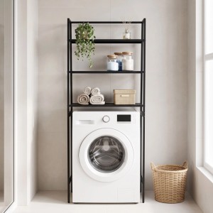 Relaxdays Waschmaschinenregal MDF Eisen Schwarz Feuchtigkeitsresistent Höhenverstellbar mit 3 Ablagen 157 cm x 65 cm x 28 cm 6 kg