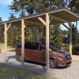 Holzbrüder Camping-Carport Ralf, naturbelassen mit Blechdach in Dornengrün und Wohnmobil.