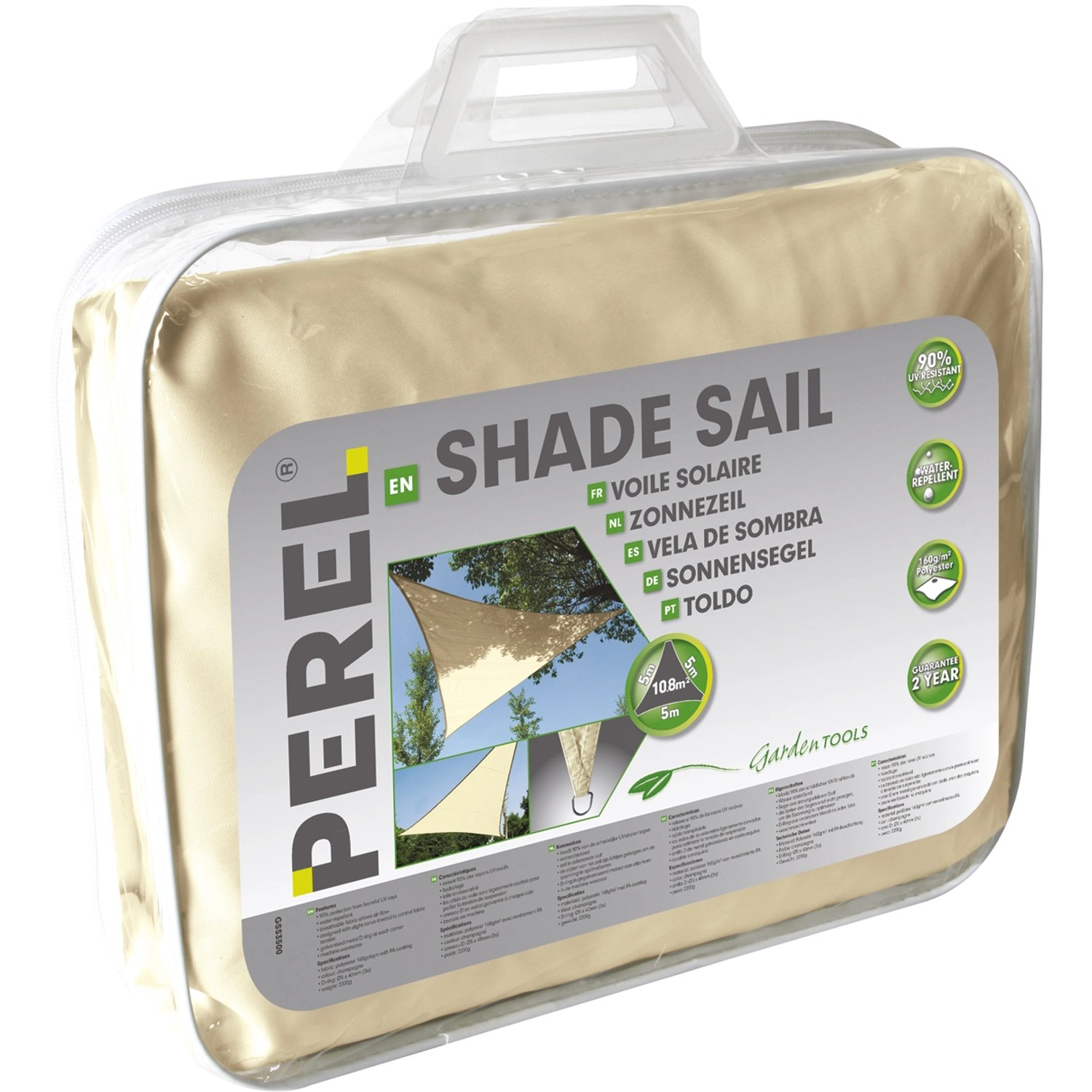 Verpacktes, cremefarbenes Perel Dreieck-Sonnensegel 500x500 cm. Sonnenschutz für Garten und Terrasse.