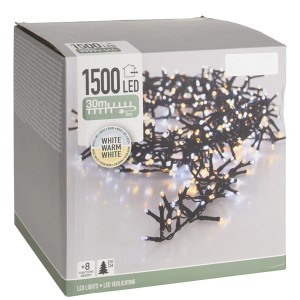 Verpackung einer 30m LED-Lichterkette mit 1500 LEDs in Warmweiß und Kaltweiß für den Außenbereich.