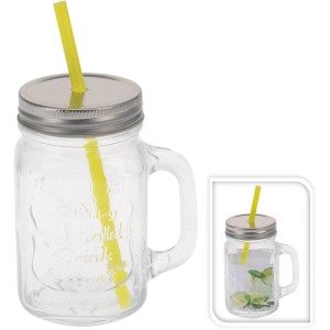 Glas mit Metalldeckel und Strohhalm 450 ml