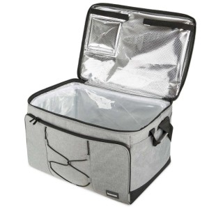 Offene, graue Bomoe IceBreezer KT53 Kühltasche mit silberner Innenseite und Fächern.
