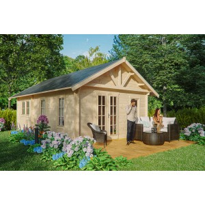 Skan Holz Gartenhaus Bern 4: Weekendhaus mit Terrasse, Gartenmöbeln und Personen.