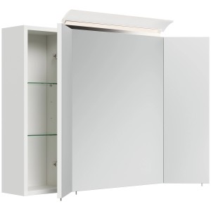 Posseik Spiegelschrank 90 cm, weiß hochglanz, mit LED-Lampe und Glasböden.