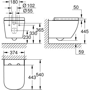 Technische Zeichnung Grohe QuickFix Wand-WC-Set mit Maßen für Installation und Sanitärplanung.