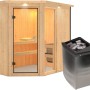 Karibu Sauna Freyja 1 mit Ofen, naturbelassene Massivholzsauna mit integrierter Stg. und LED-Dachkranz.