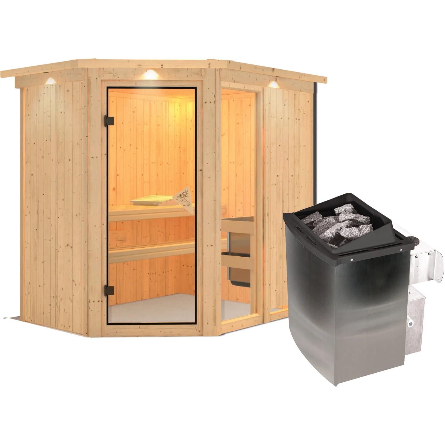 Karibu Sauna Freyja 1 mit Ofen, naturbelassene Massivholzsauna mit integrierter Stg. und LED-Dachkranz.