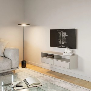 Modernes Selsey Framme TV-Hängeboard 100 cm in Kaschmirgrau, wandmontiert, mit offenen Fächern und Klappen.