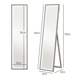 Grauer HOMCOM Ganzkörperspiegel mit LED-Beleuchtung, 160 cm hoch, aus Hartglas und MDF, stehend oder wandmontiert.
