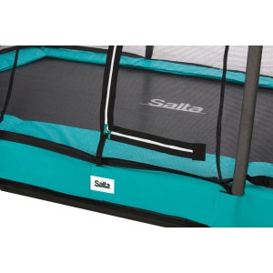Detailaufnahme: Grünes Salta Comfort Edition Bodentrampolin mit Sicherheitsnetz.